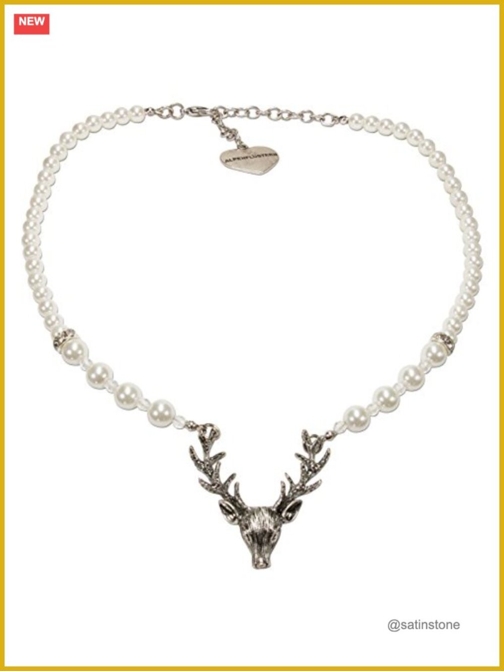 Wax Pearl Necklace Deer Pendant Traditional Bavarian Costume Jewelry